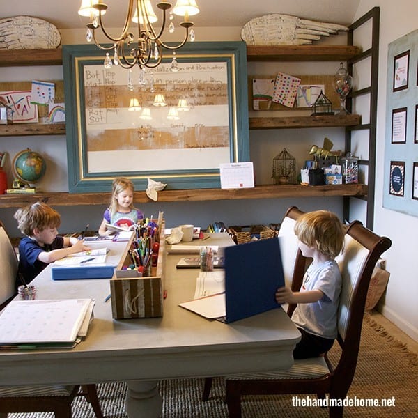 Homeschool kids desks  Homeschool room design, Built in desk, Homework room